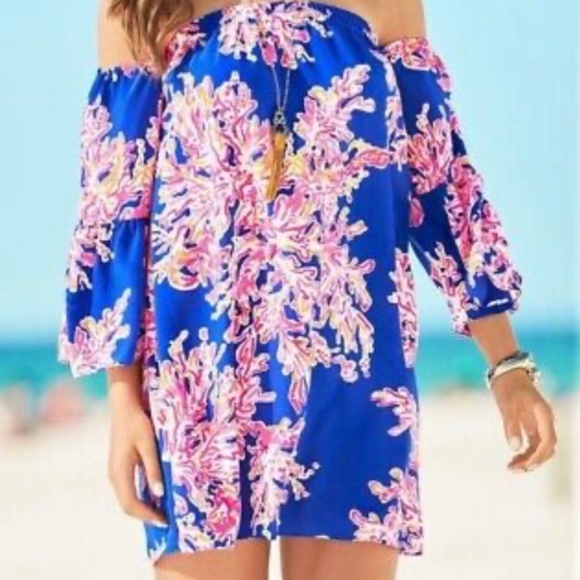 lilly pulitzer sanilla silk dress Lilly Pulitzer Silk Off Shoulder Sanilla Dress Its Electric Floral Sz S